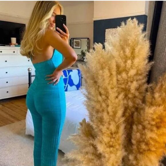 NEW ZARA Turquoise Ribbed Knit Bell-Leg Cotton Blend Jumpsuit/Overall- Blog Fav - Picture 7 of 16